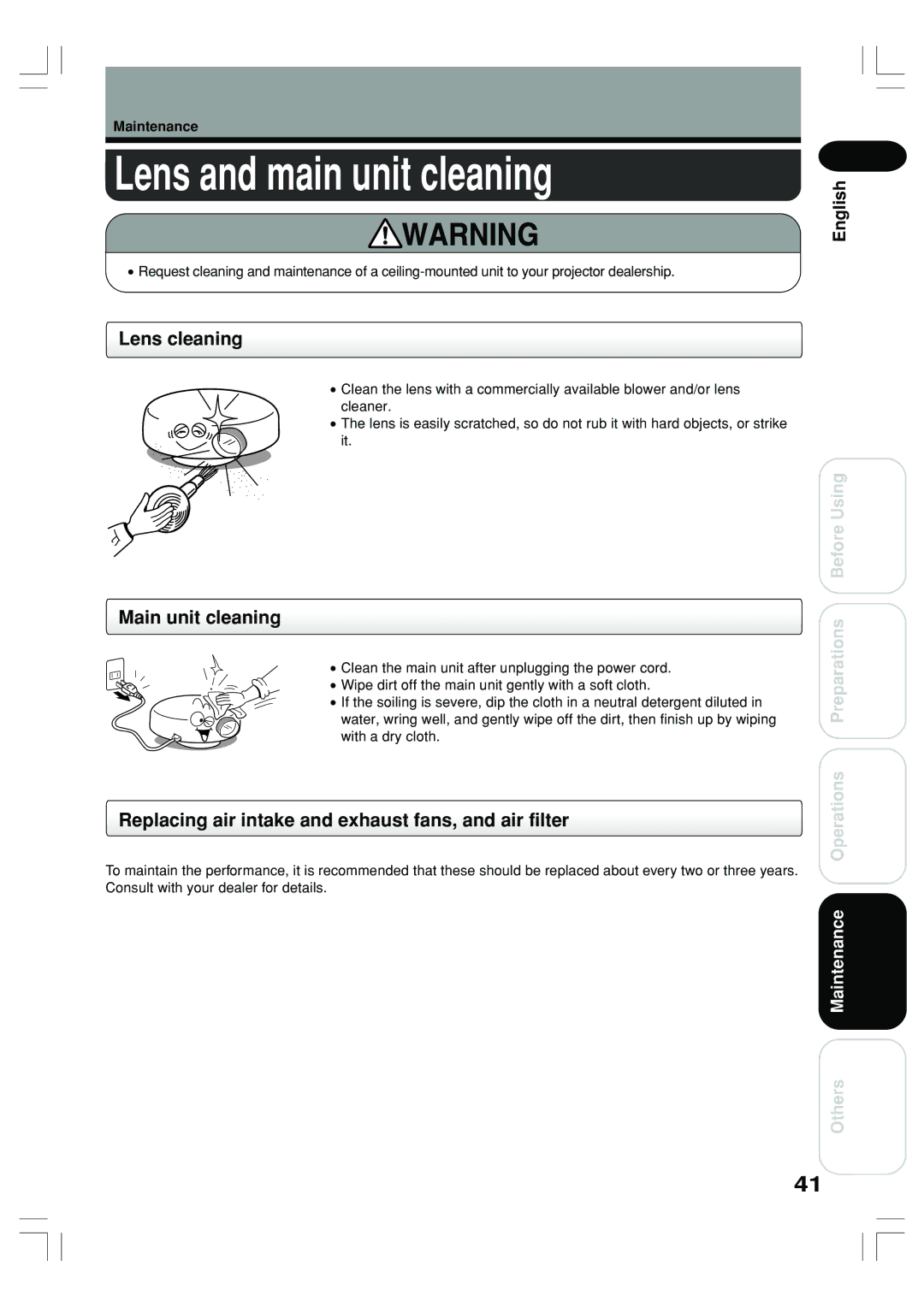 Toshiba TLP-ET1U, TLP-ET1B, TLP-ET1E owner manual Lens and main unit cleaning, Lens cleaning, Main unit cleaning 