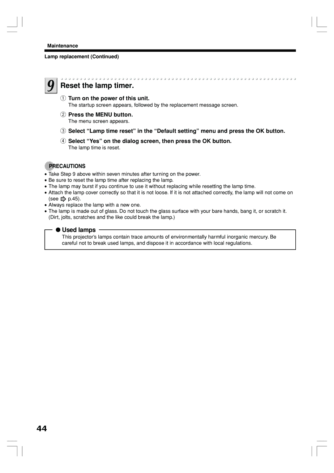 Toshiba TLP-ET1U, TLP-ET1B, TLP-ET1E owner manual Reset the lamp timer, Used lamps, Maintenance Lamp replacement 