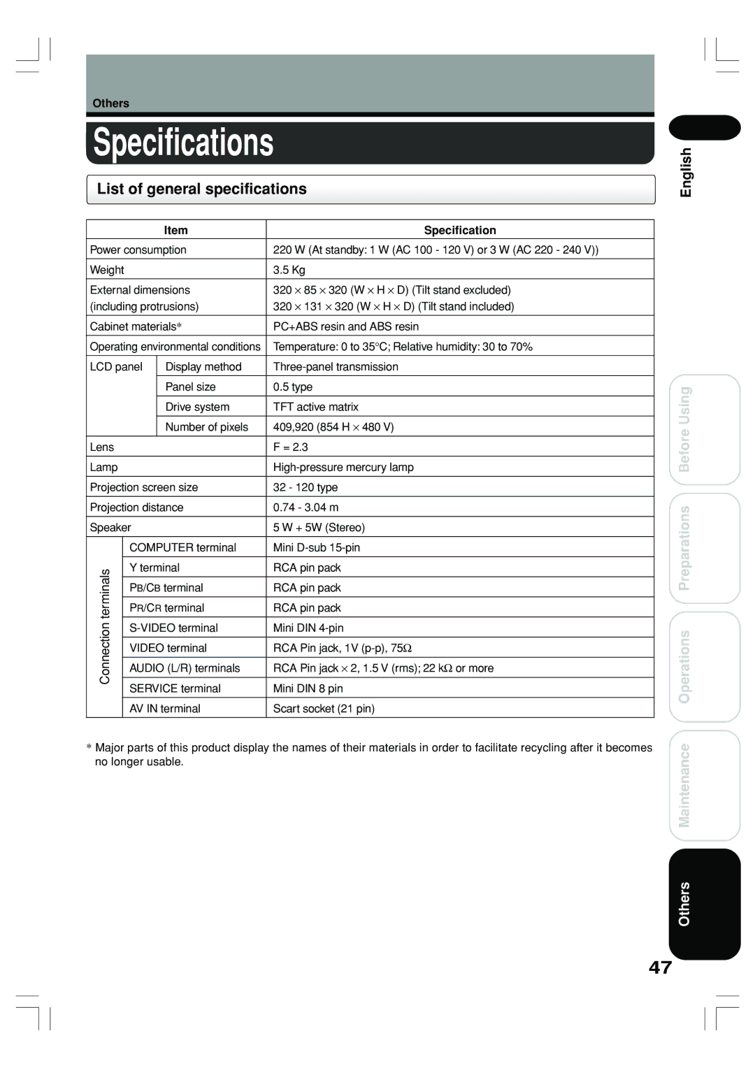 Toshiba TLP-ET1U, TLP-ET1B, TLP-ET1E owner manual Specifications, List of general specifications 