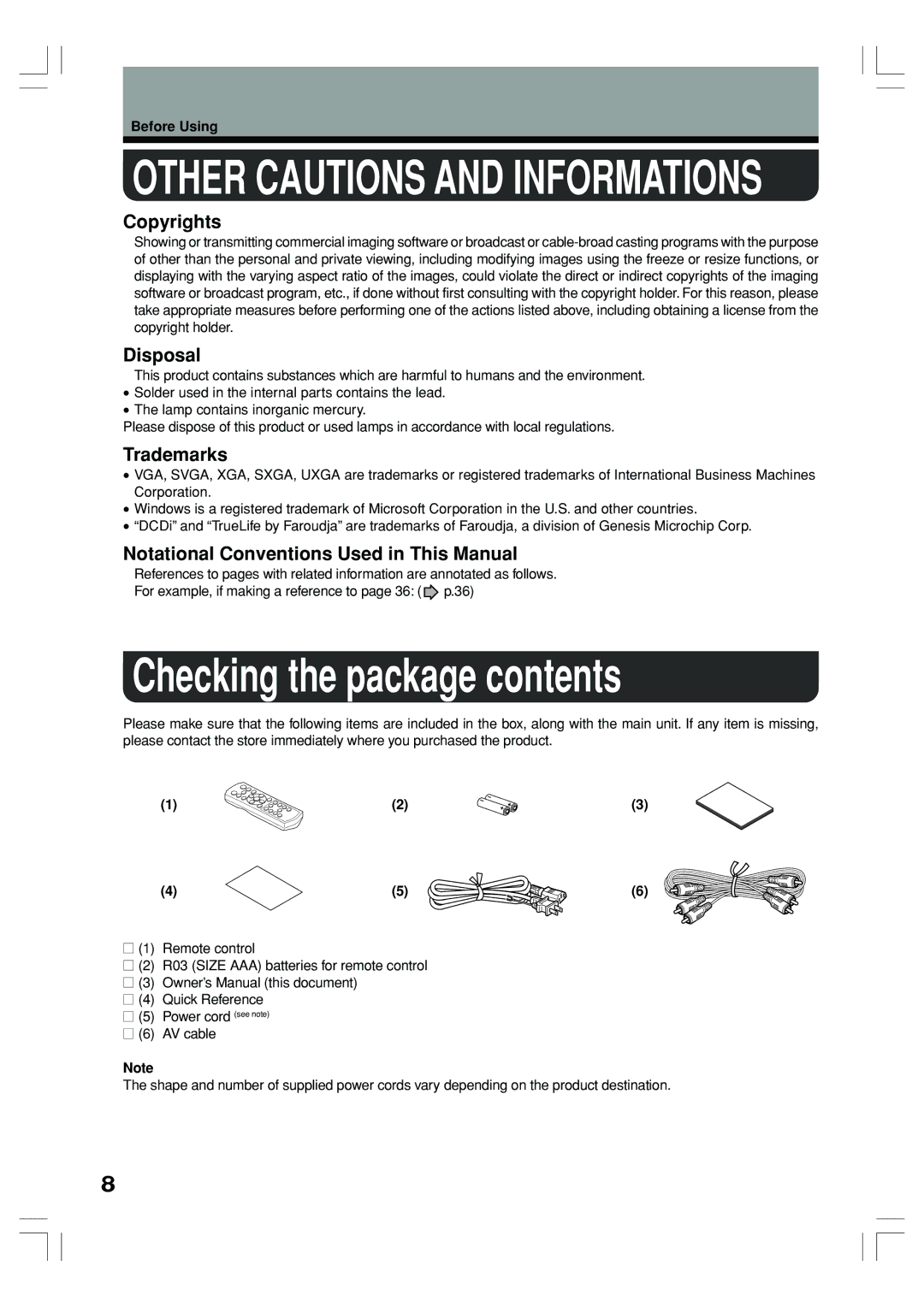 Toshiba TLP-ET1U, TLP-ET1B, TLP-ET1E owner manual Checking the package contents 