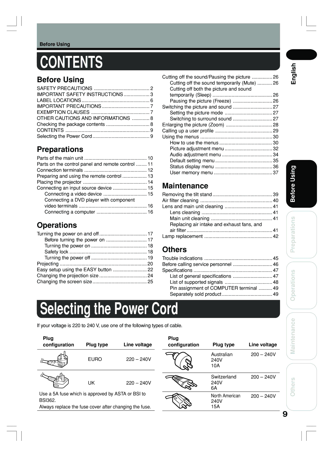 Toshiba TLP-ET1B, TLP-ET1E, TLP-ET1U owner manual Contents 