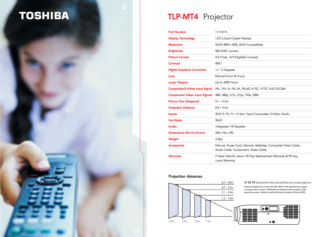 Toshiba manual TLP-MT4 Projector, Projection distances 
