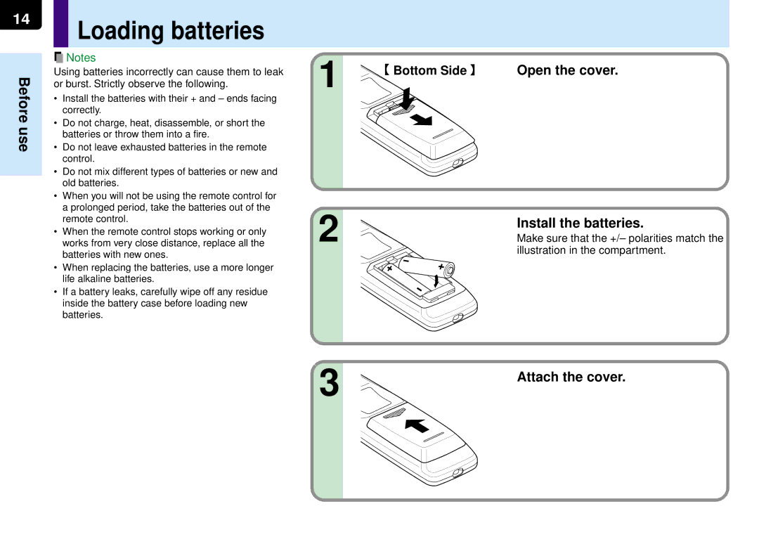 Toshiba TLP-MT7E manual Loading batteries, Open the cover, Install the batteries, Attach the cover 