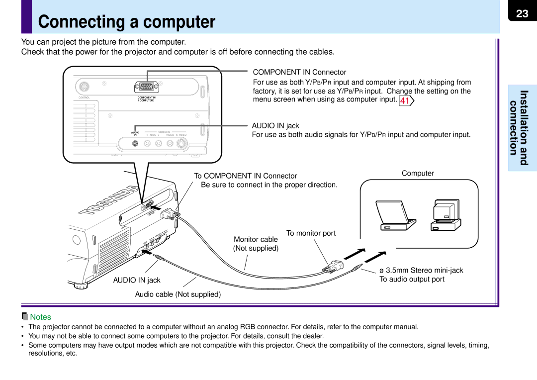 Toshiba TLP-MT7E manual Connecting a computer 