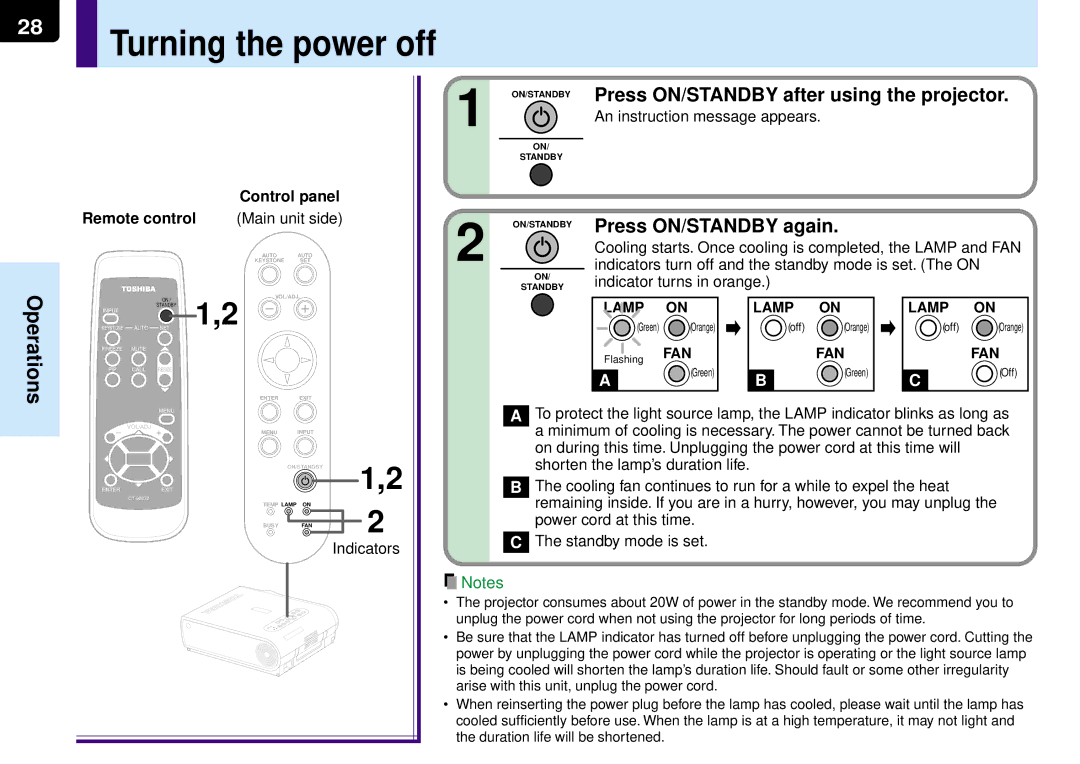 Toshiba TLP-MT7E manual Turning the power off, Press ON/STANDBY after using the projector, Press ON/STANDBY again 