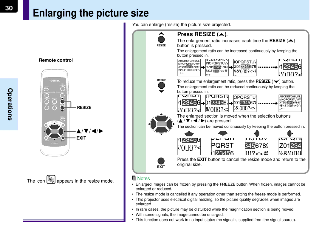 Toshiba TLP-MT7E manual Enlarging the picture size, Press Resize, Remote control, Icon appears in the resize mode 