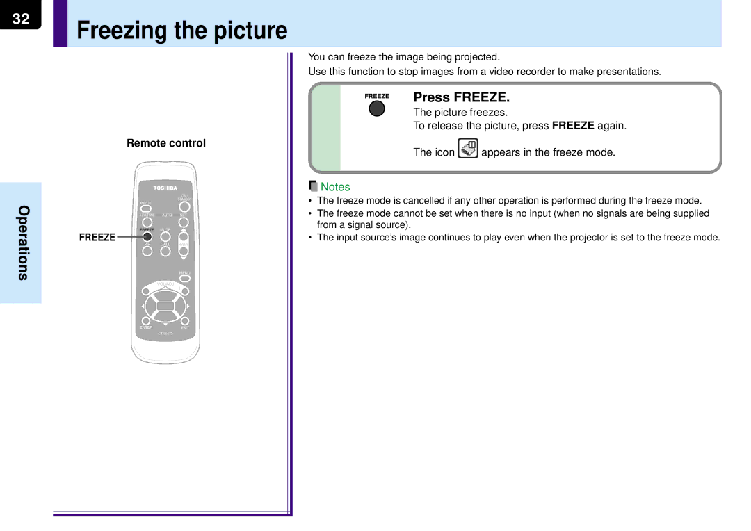 Toshiba TLP-MT7E manual Freezing the picture, Press Freeze, Picture freezes, Appears in the freeze mode, Icon 