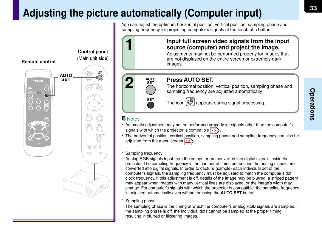 Toshiba TLP-MT7E manual Adjusting the picture automatically Computer input, Input full screen video signals from the input 