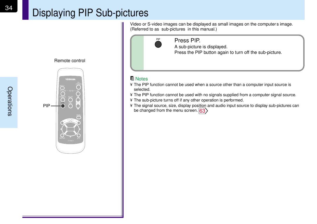 Toshiba TLP-MT7E manual Displaying PIP Sub-pictures, Press PIP, Sub-picture is displayed 