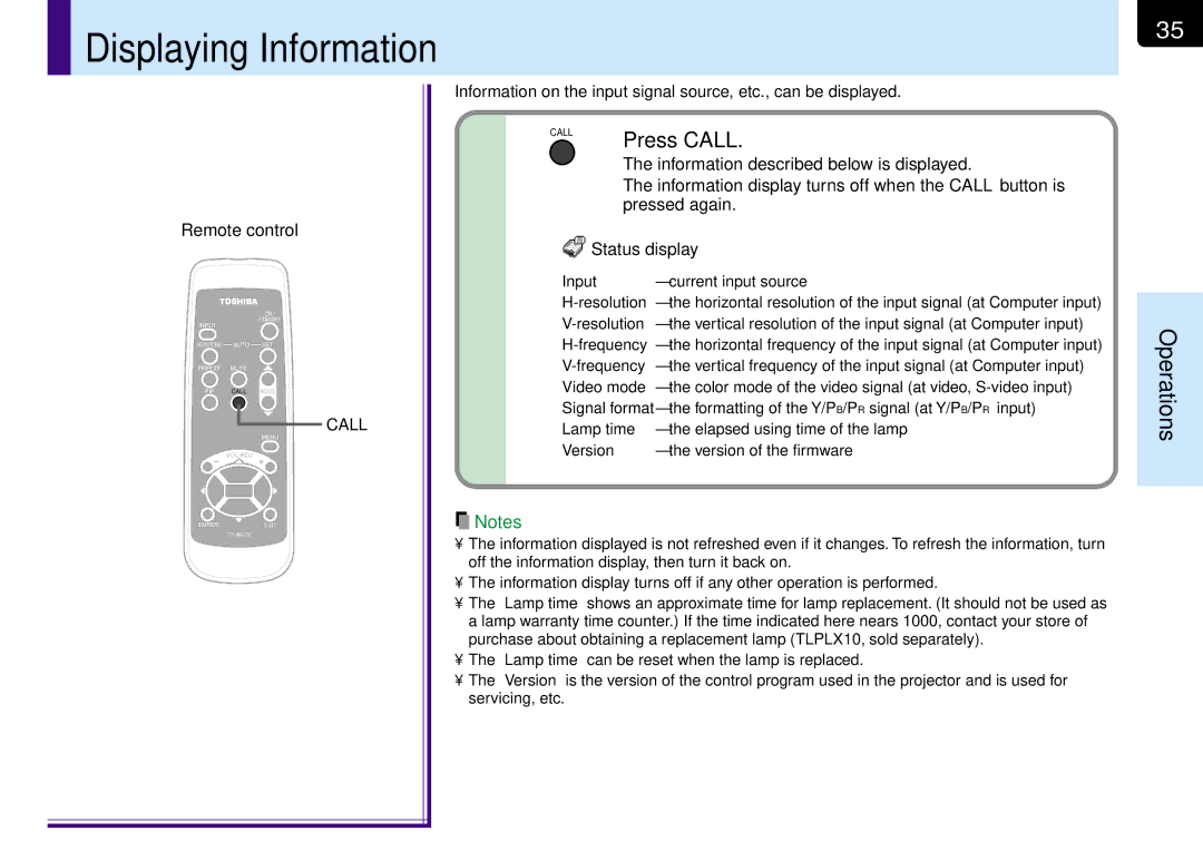 Toshiba TLP-MT7E manual Displaying Information, Press Call, Input, Lamp time 