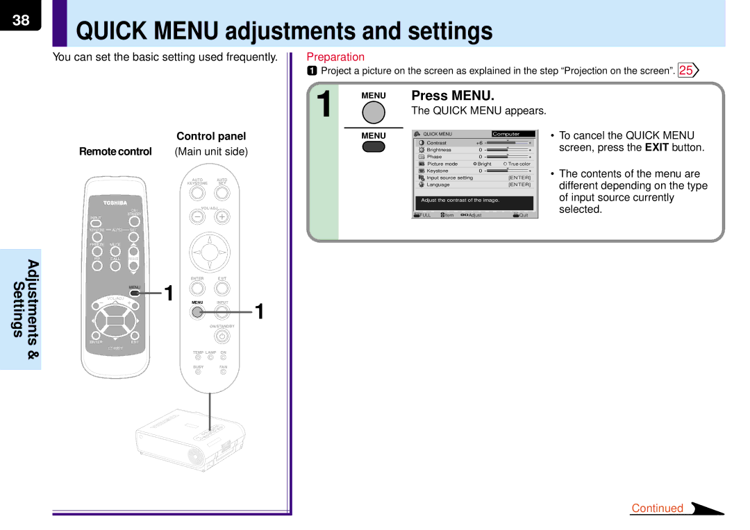 Toshiba TLP-MT7E manual Quick Menu adjustments and settings, Press Menu, You can set the basic setting used frequently 