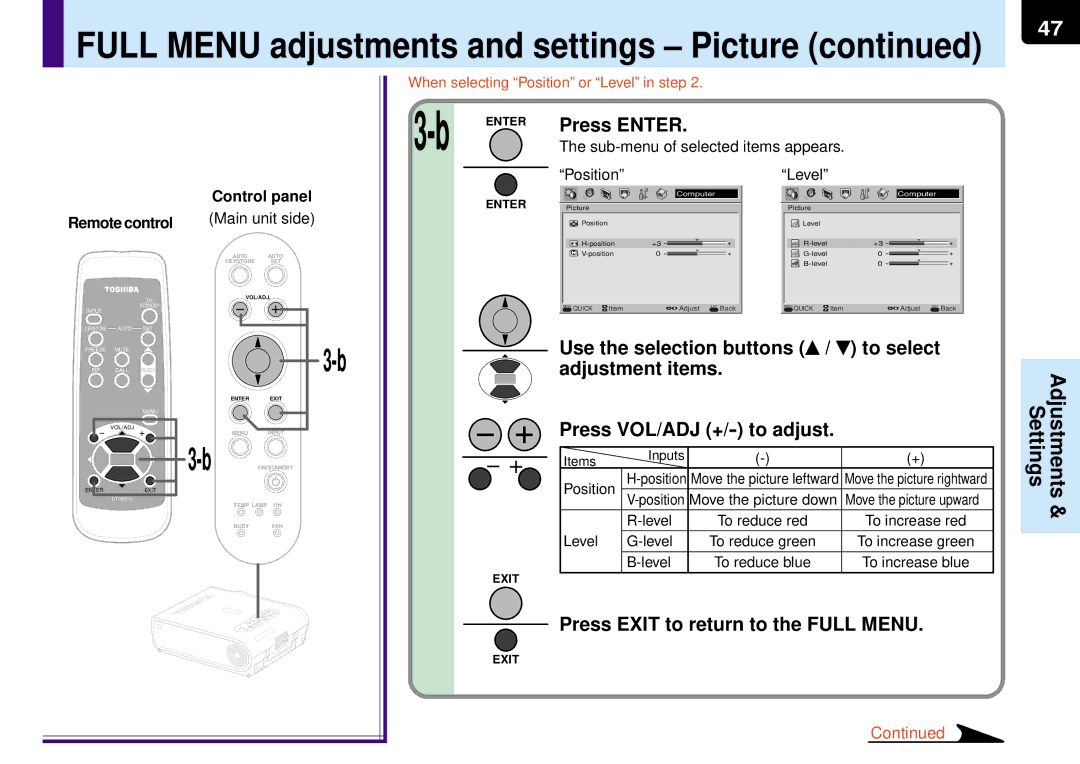 Toshiba TLP-MT7E manual Press Exit to return to the Full Menu, Sub-menu of selected items appears PositionLevel 