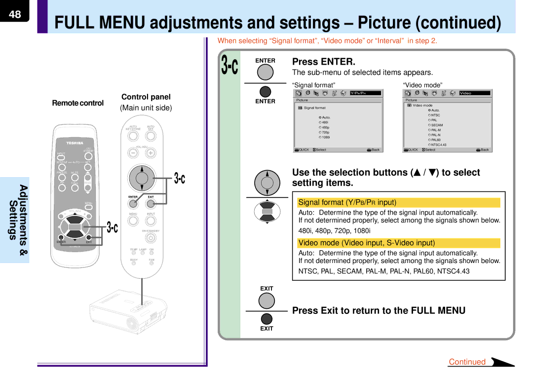 Toshiba TLP-MT7E manual Use the selection buttons / to select setting items, Sub-menu of selected items appears 