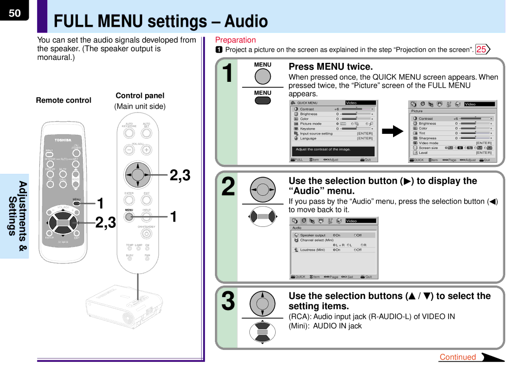 Toshiba TLP-MT7E manual Full Menu settings Audio, Use the selection button To display Audio menu, To move back to it 