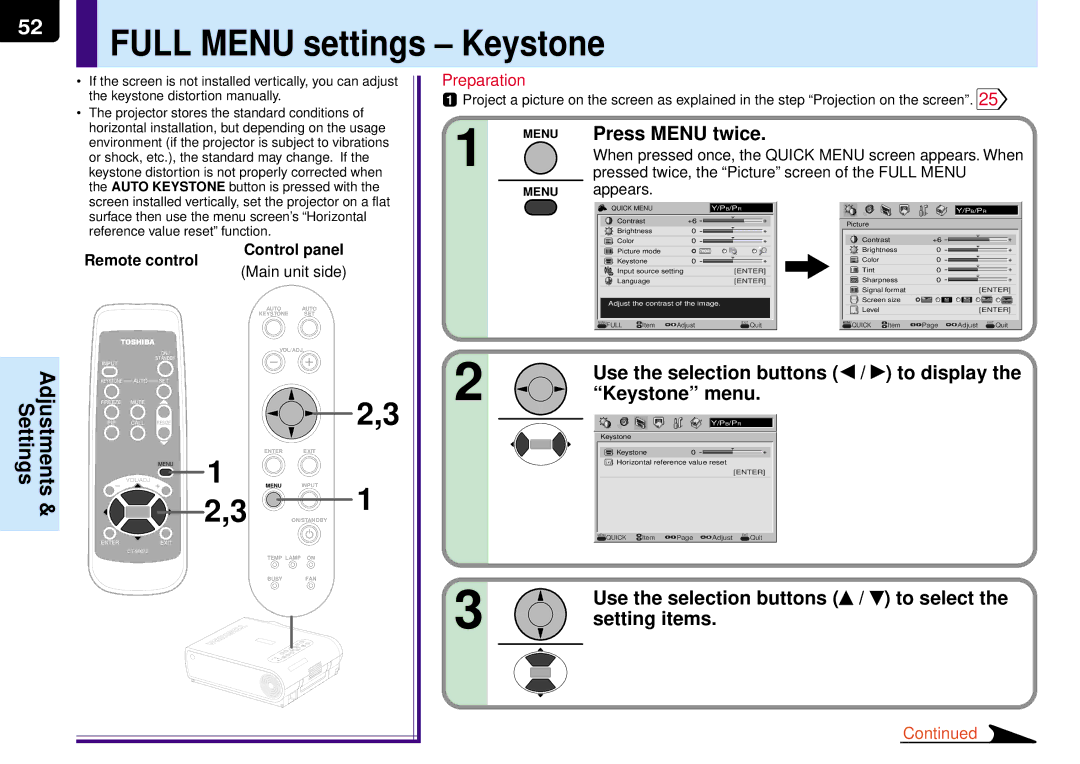 Toshiba TLP-MT7E manual Full Menu settings Keystone, Use the selection buttons To display Keystone menu 