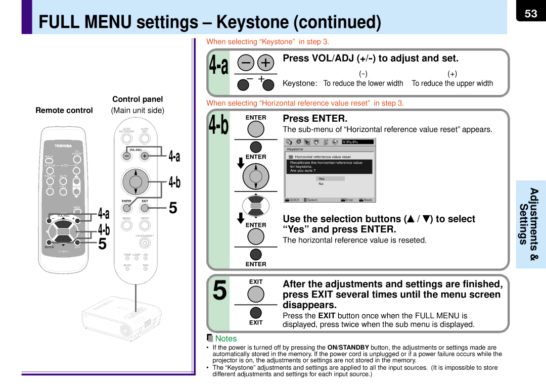 Toshiba TLP-MT7E manual Yes and press Enter, Keystone, Sub-menu of Horizontal reference value reset appears 