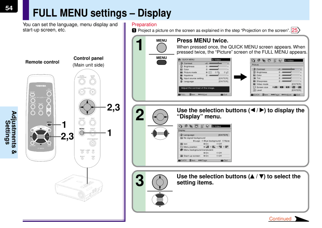 Toshiba TLP-MT7E manual Full Menu settings Display, Use the selection buttons To display Display menu 