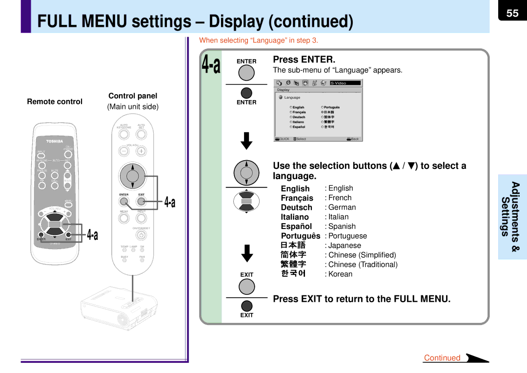 Toshiba TLP-MT7E manual Sub-menu of Language appears, Portuguê s Portuguese 