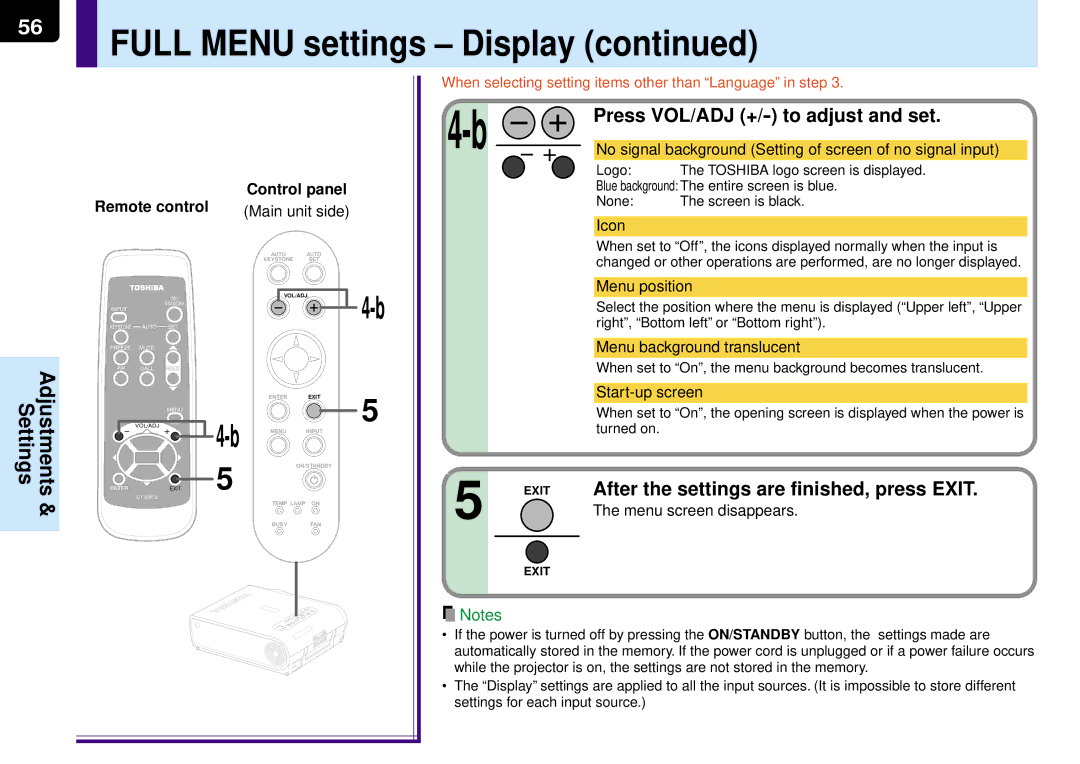 Toshiba TLP-MT7E manual No signal background Setting of screen of no signal input, Menu position, Start-up screen 