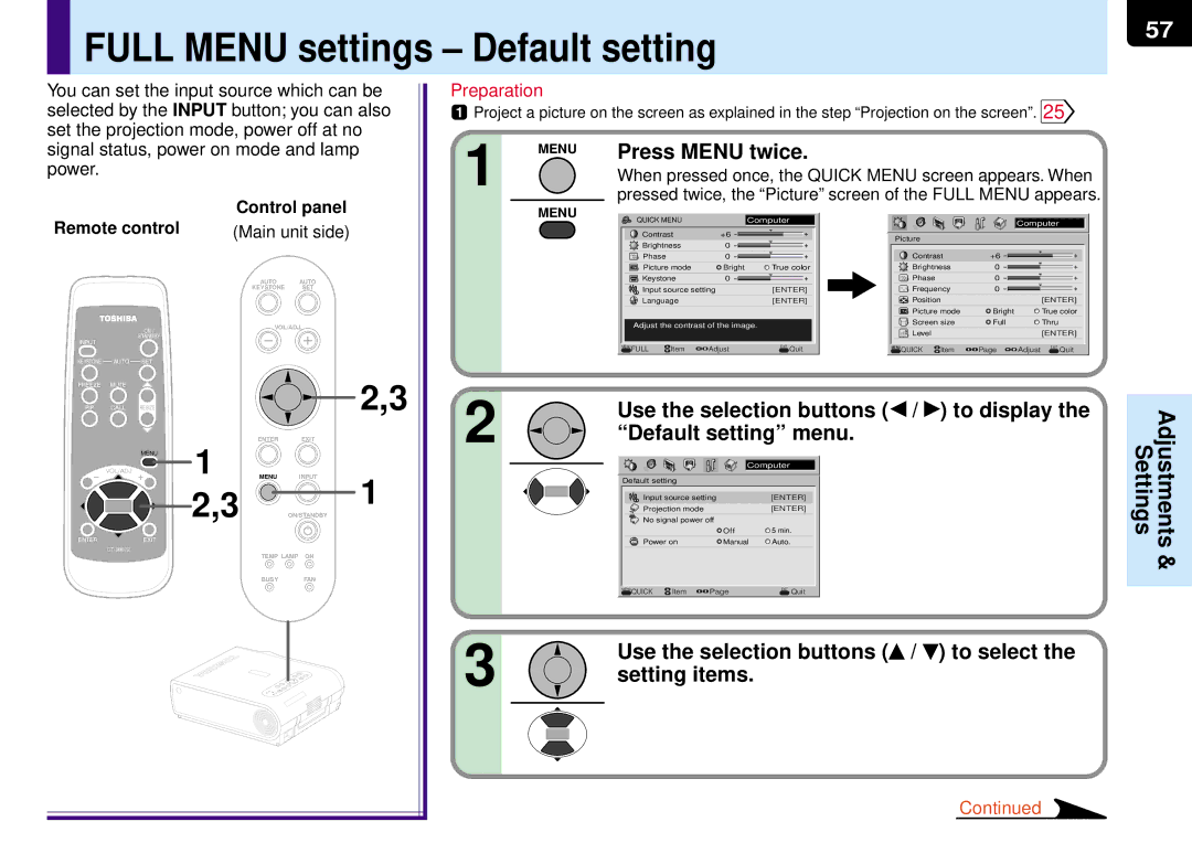 Toshiba TLP-MT7E manual Full Menu settings Default setting, Use the selection buttons To display Default setting menu 