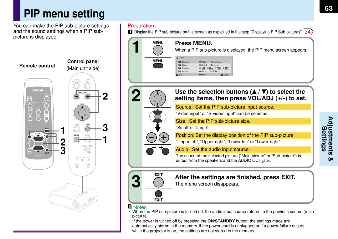 Toshiba TLP-MT7E manual PIP menu setting, Setting items, then press VOL/ADJ +/ to set, Menu screen disappears 