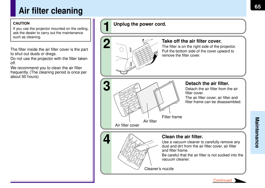 Toshiba TLP-MT7E manual Air filter cleaning, Unplug the power cord, Take off the air filter cover, Detach the air filter 