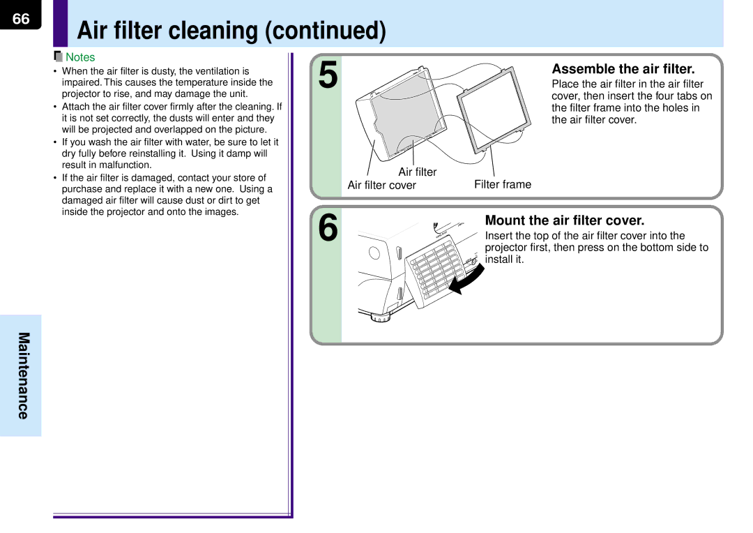 Toshiba TLP-MT7E manual Assemble the air filter, Mount the air filter cover, Air filter Filter frame Air filter cover 