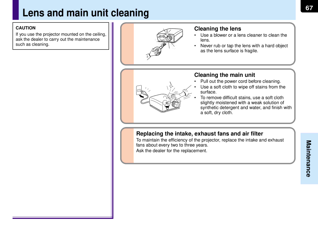 Toshiba TLP-MT7E manual Lens and main unit cleaning, Cleaning the lens, Cleaning the main unit 