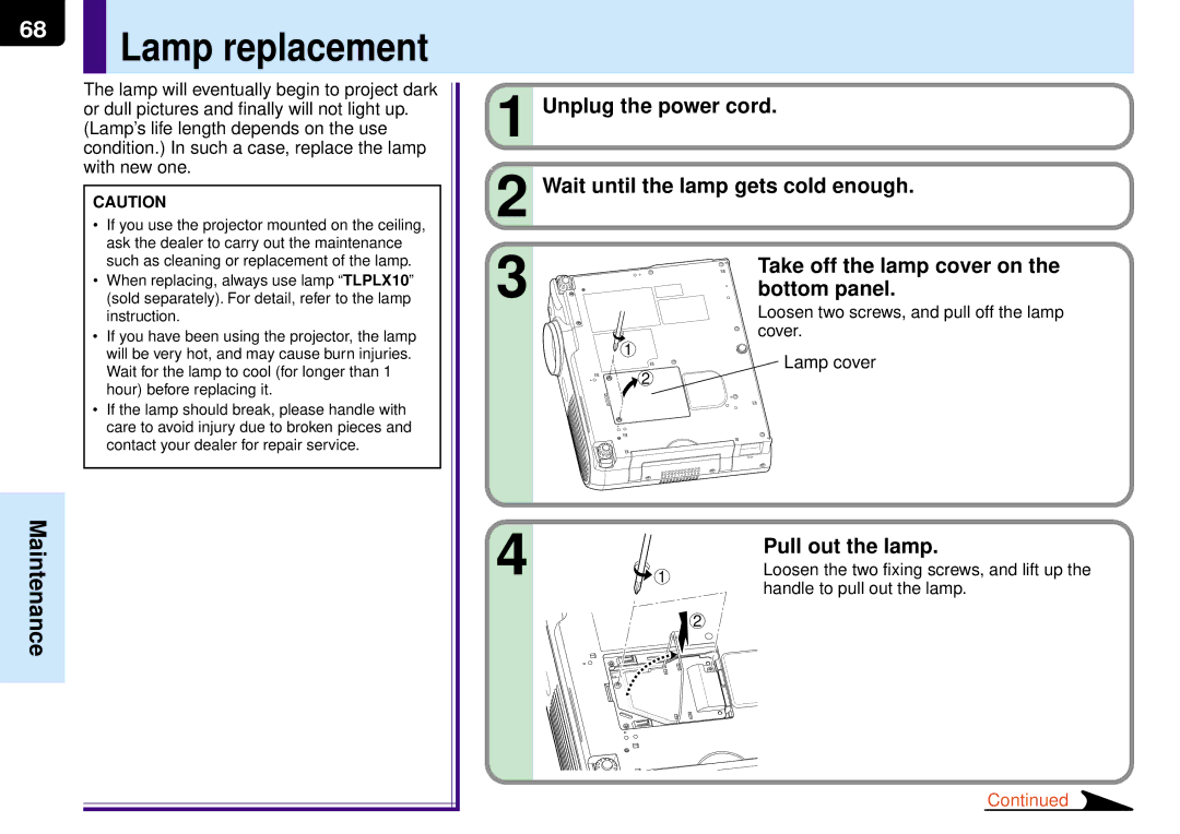 Toshiba TLP-MT7E manual Lamp replacement, Wait until the lamp gets cold enough, Take off the lamp cover on, Bottom panel 