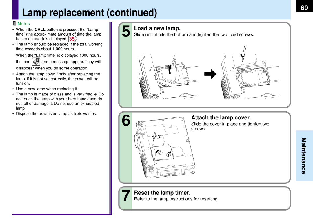 Toshiba TLP-MT7E manual Load a new lamp, Attach the lamp cover, Reset the lamp timer 