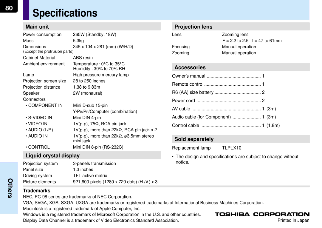 Toshiba TLP-MT7E manual Specifications, Replacement lamp 