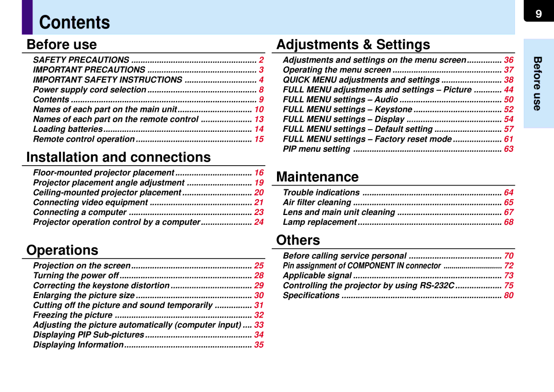 Toshiba TLP-MT7E manual Contents 