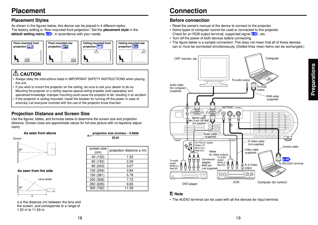 Toshiba TLP-S10 owner manual Connection, Placement Styles, Before connection, Projection Distance and Screen Size 