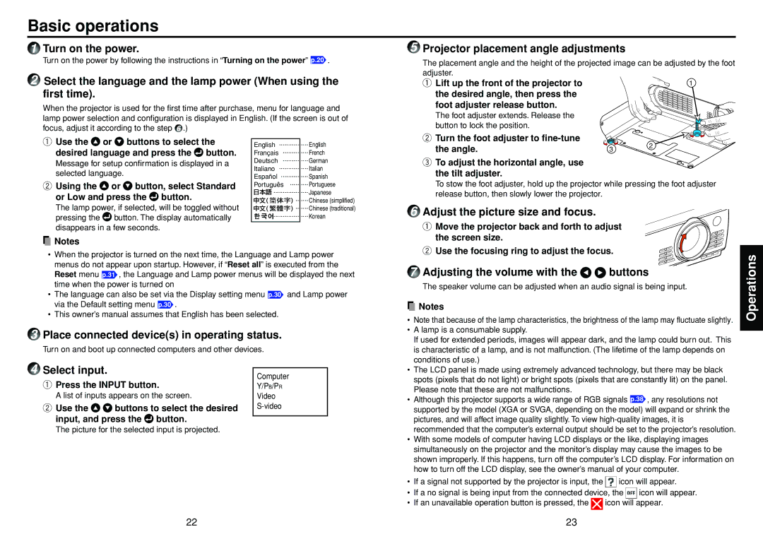 Toshiba TLP-S10 owner manual Basic operations, Operations 