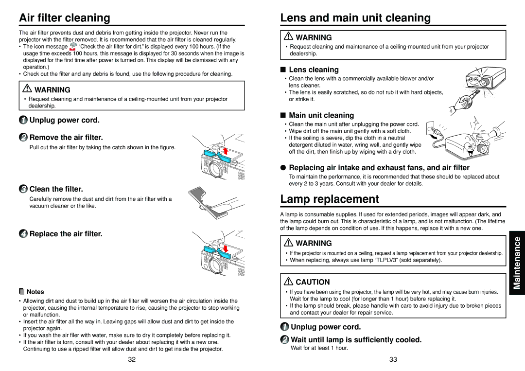 Toshiba TLP-S10 owner manual Air filter cleaning, Lens and main unit cleaning, Lamp replacement, Maintenance 