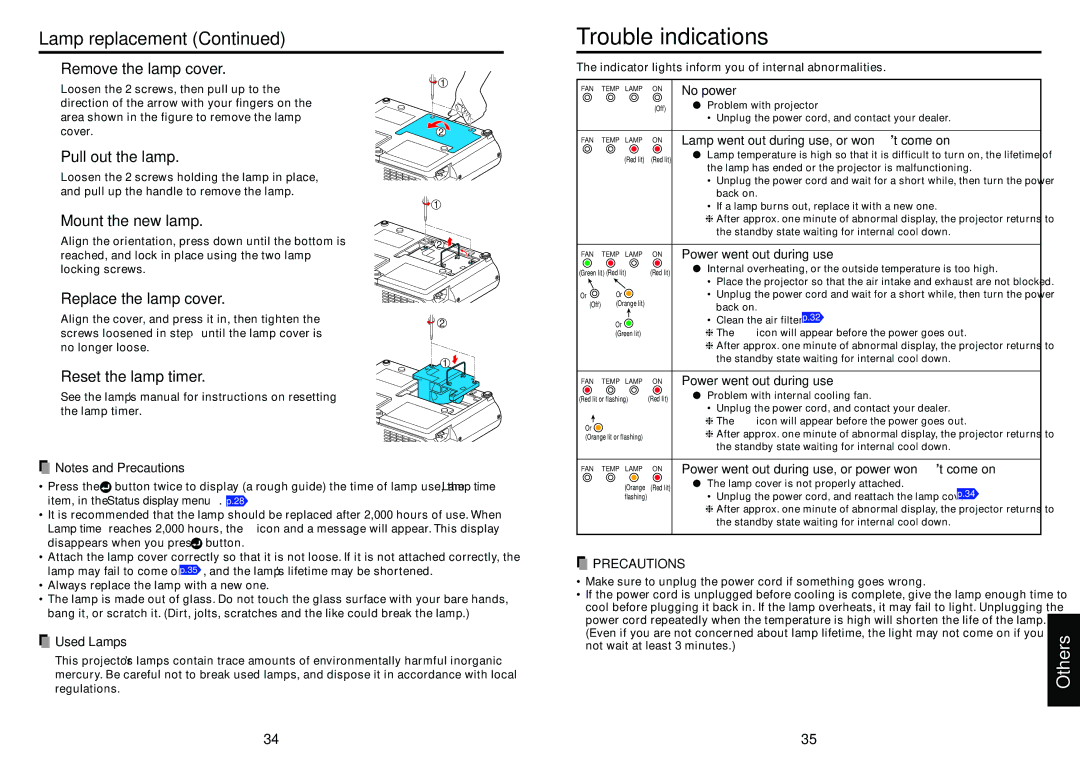 Toshiba TLP-S10 owner manual Trouble indications, Lamp replacement 