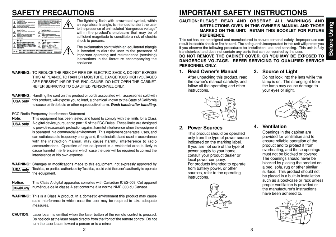 Toshiba TLP-S10 Safety Precautions Important Safety Instructions, Source of Light, Power Sources, Ventilation, USA only 