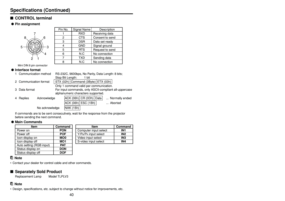 Toshiba TLP-S10 owner manual Control terminal, Separately Sold Product, Pin assignment, Interface format, Main Commands 