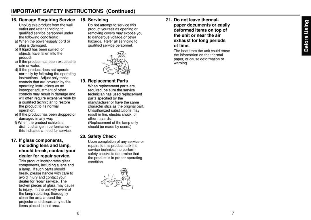 Toshiba TLP-S10 owner manual Before Using, Damage Requiring Service, Servicing, Replacement Parts, Safety Check 