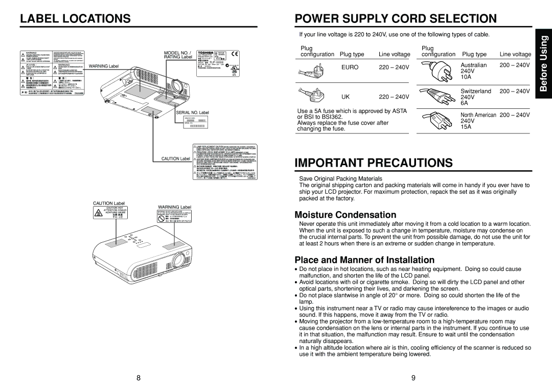 Toshiba TLP-S10 owner manual Label Locations, Power Supply Cord Selection, Important Precautions, Moisture Condensation 