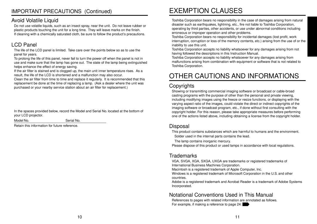 Toshiba TLP-S10 owner manual Exemption Clauses, Other Cautions and Informations 