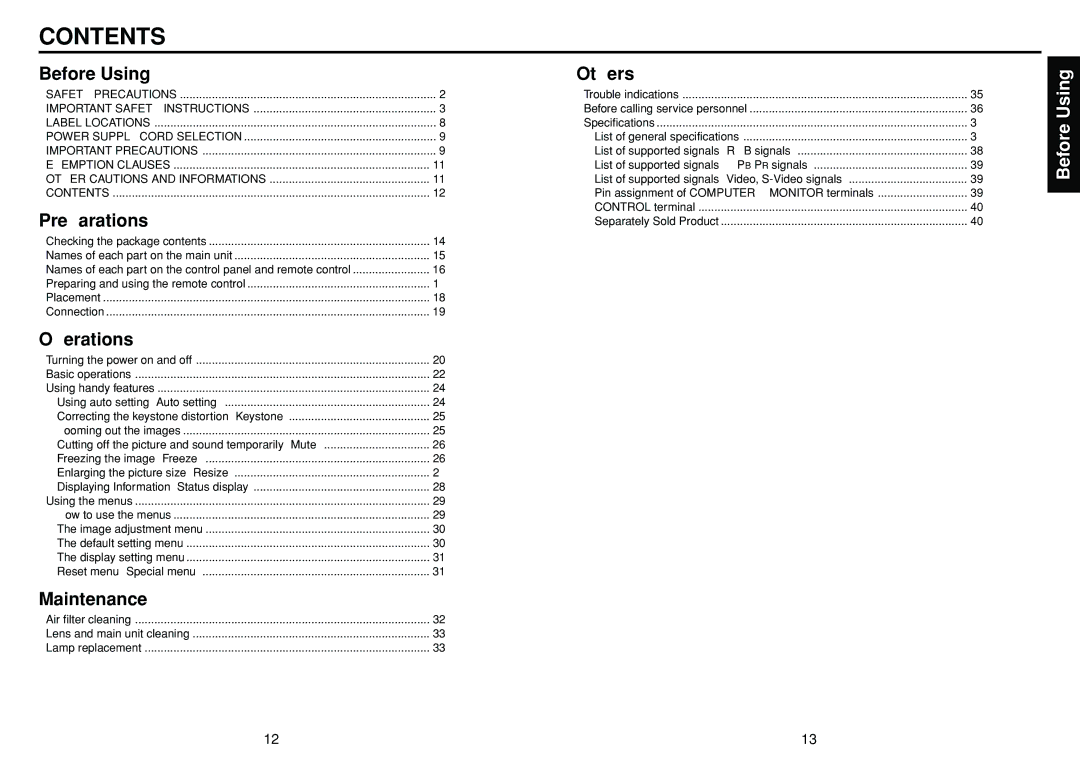 Toshiba TLP-S10 owner manual Contents 