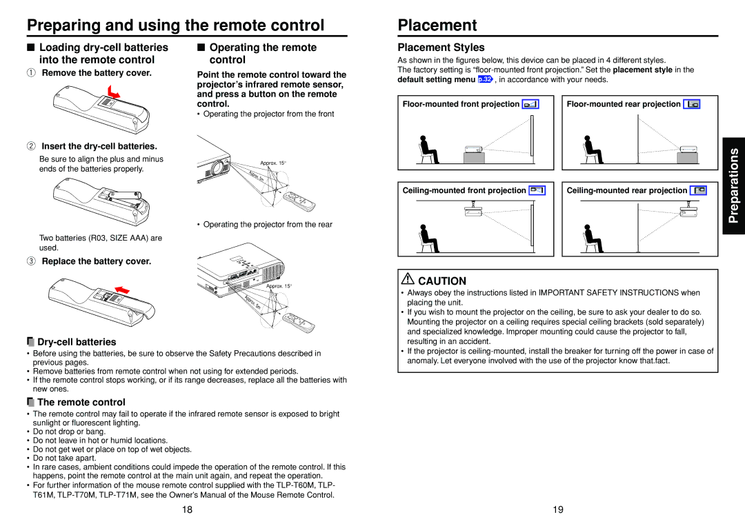 Toshiba TLP-T70M Preparing and using the remote control Placement, Loading dry-cell batteries Into the remote control 