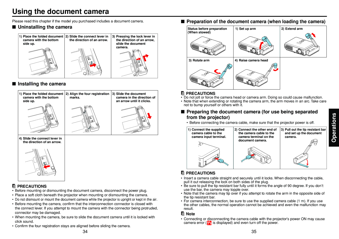 Toshiba TLP-S40, TLP-T70M, TLP-T60M owner manual Using the document camera, Uninstalling the camera, Installing the camera 