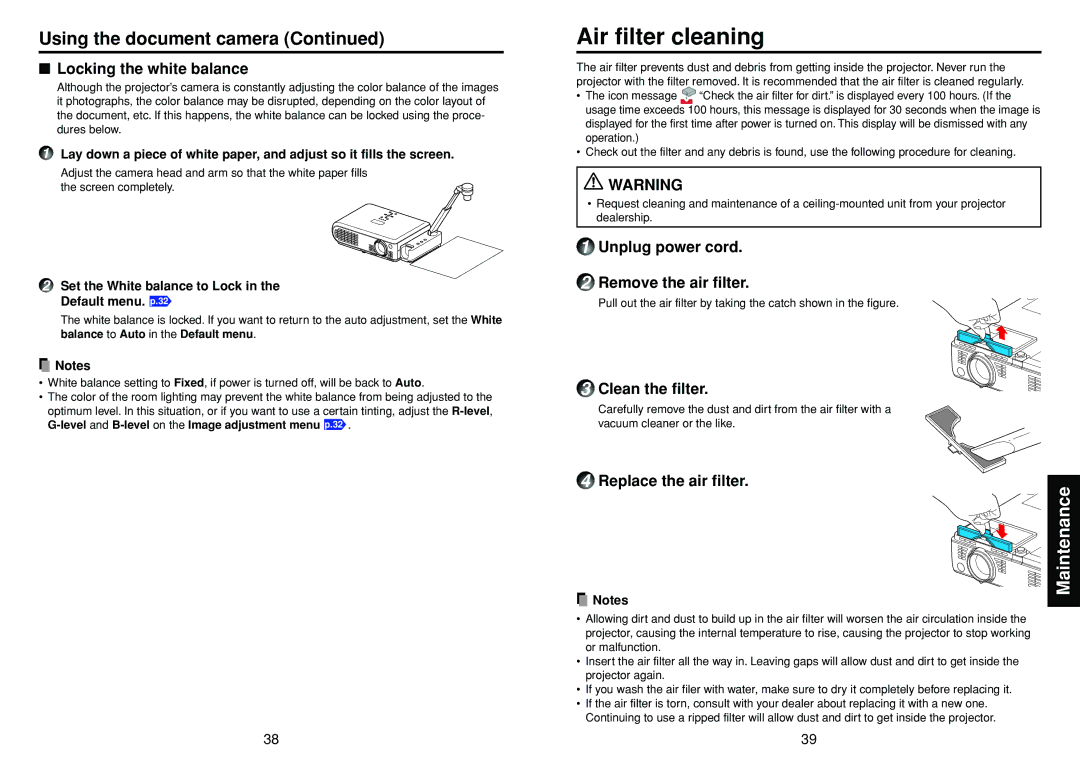 Toshiba TLP-T60M, TLP-S40, TLP-T70M owner manual Air filter cleaning, Maintenance 