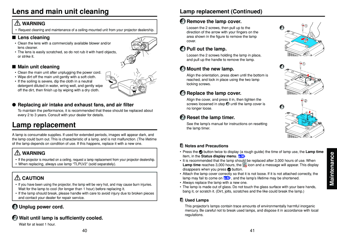 Toshiba TLP-S40, TLP-T70M, TLP-T60M owner manual Lens and main unit cleaning, Lamp replacement 