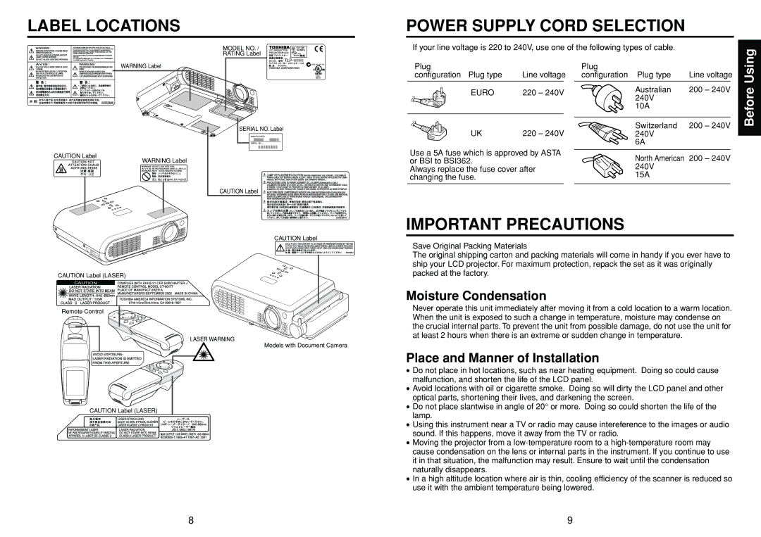 Toshiba TLP-T60M, TLP-S40, TLP-T70M owner manual Using, Moisture Condensation, Place and Manner of Installation 