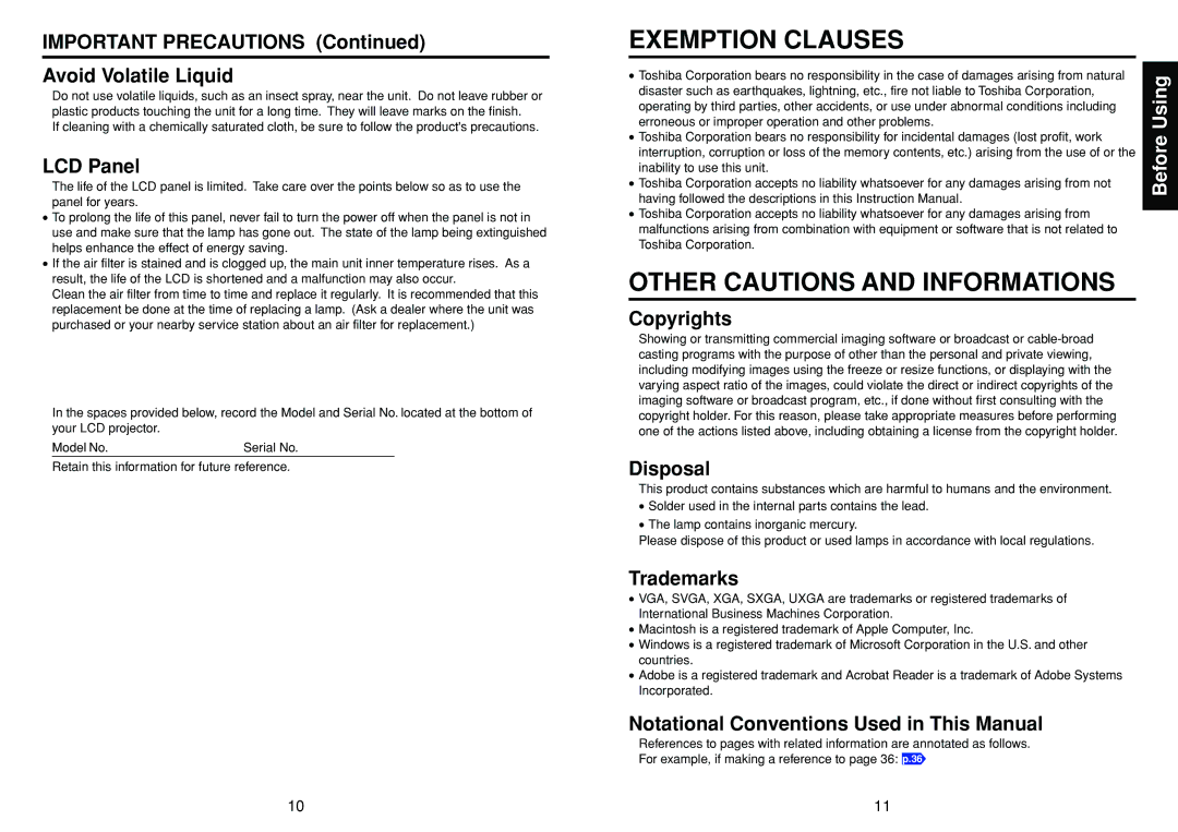 Toshiba TLP-S40, TLP-T70M Important Precautions Avoid Volatile Liquid, LCD Panel, Copyrights, Disposal, Trademarks 