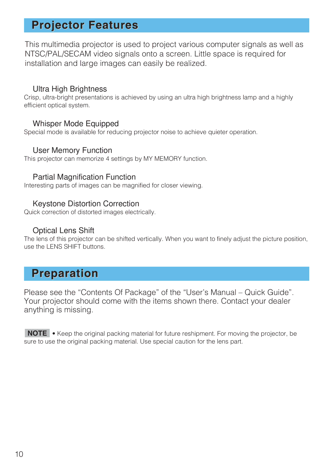 Toshiba TLP-SX3500 user manual Projector Features, Preparation 