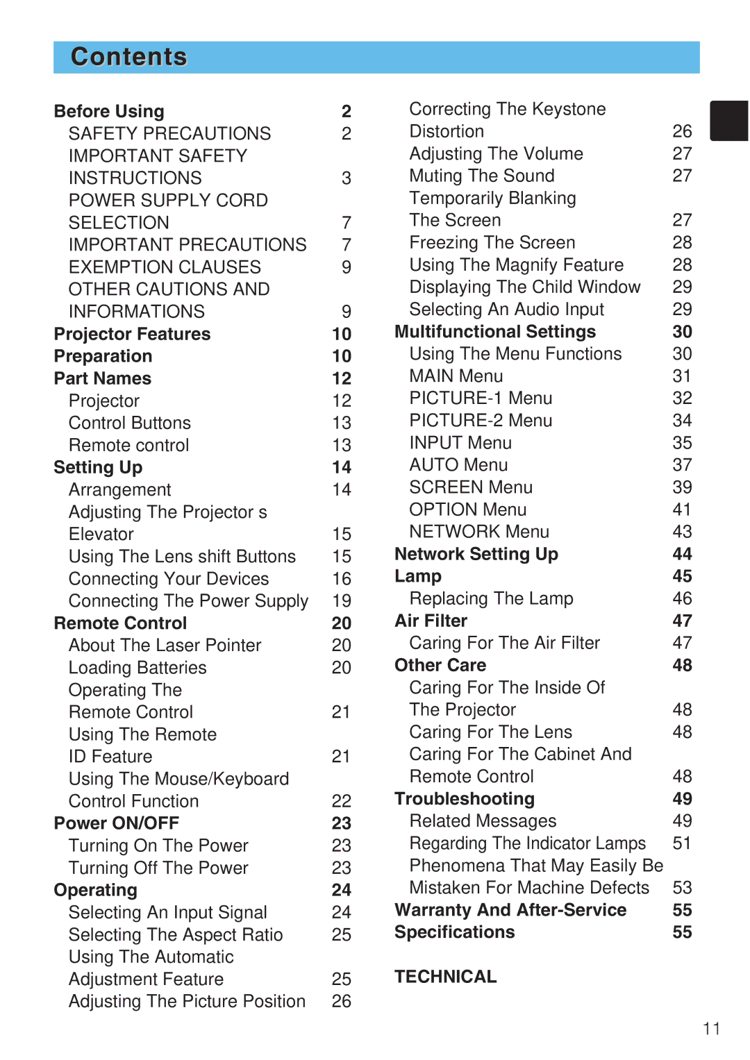 Toshiba TLP-SX3500 user manual Contents 